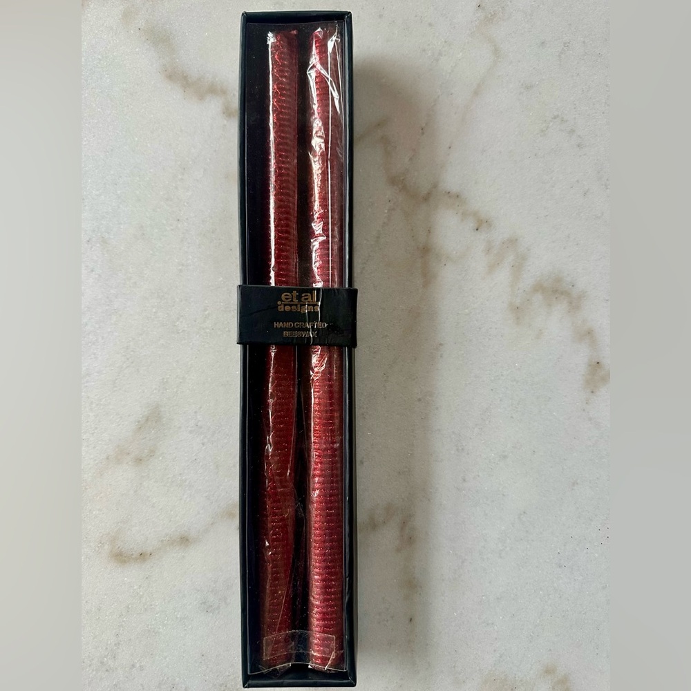 NIB Pair of Red Glitter Candles | Red Taper Candles